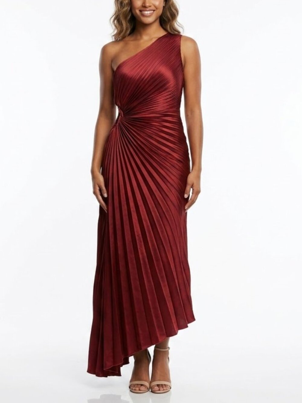 MOON RIVER Asymmetrical Pleated Cutout Dress Red Marsala One Shoulder Sz Medium